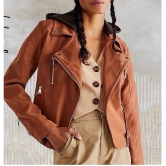 NWOT Free People We The Free Harriet Hooded Vegan Leather Moto Jacket Chocolate. - Picture 1 of 7